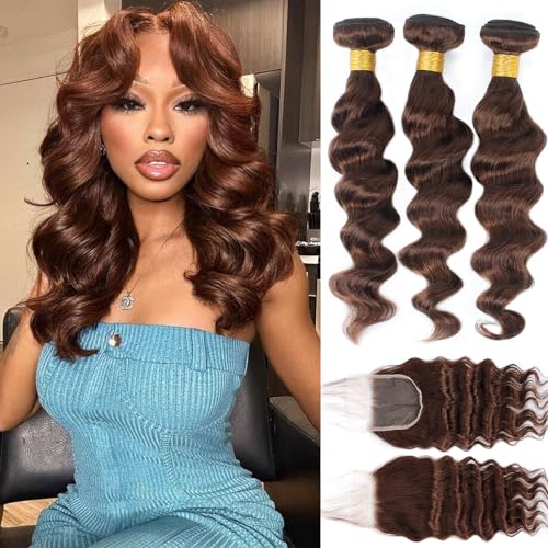 Brown Bundles with Closure Human Hair Loose Wave...