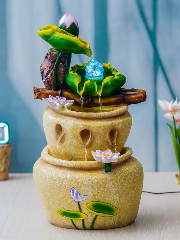 Image of Polyresin Designer Tabletop 4 Steps Indoor Water Fountain for Home Decor with LED Light, Speed Controller Pump & Crystal Ball (Size: 30 x 23 x 57CM |Color: Multi | Weight: 4055 Gram)