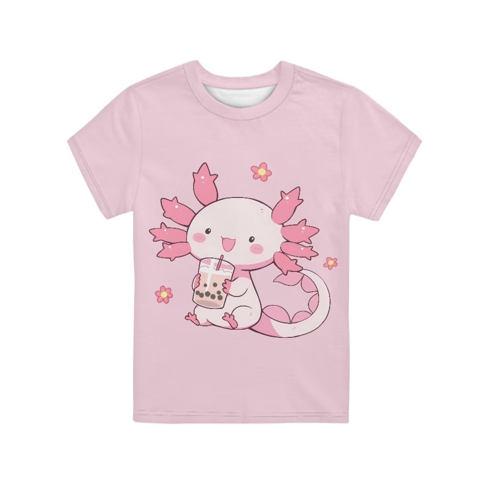 Biyejit Pink Cute Axolotl Girls T-Shirts Short Sleeve Crewneck Kids Tee Shirt Summer Active Tops Clothes Size 3-16 Years