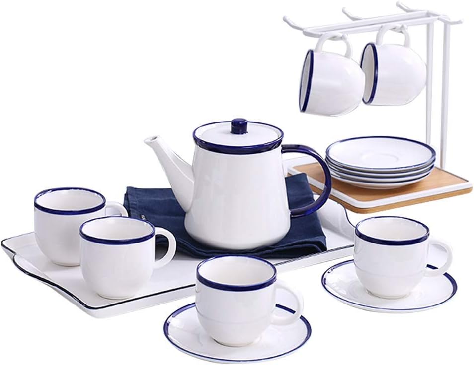 Glazed Porcelain Coffee And Tea Service Set 16 Pieces Gold Trim Afternoon Tea Drinkware Coffee Set With Cup Holder 6 Piece Cups And Teapot Tray
