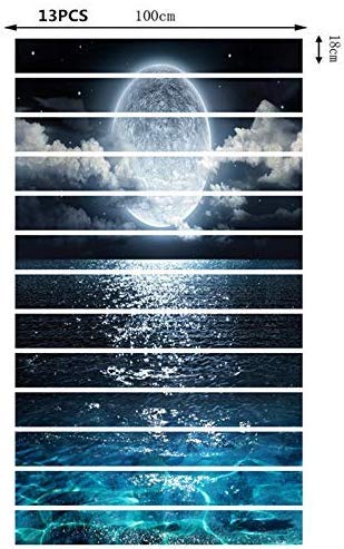 Misssixty 13Pcs/Set 3D Self-Adhesive Stair Risers Stickers Vinyl Staircase Stickers Stairway Decal Mural Wallpaper Home Decor 39.3 Inch X7.08 Inch (The Sea In The Moonlight) #TOP3