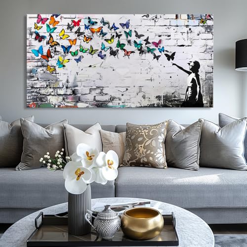 Colorful Graffiti Wall Art Funny Butterfly Paintings Banksy Street Art Mural Pop Art Home Office Wall Decor Framed Canvas Wall Decor for Living Room Ready to Hang -58x28in by SHYART - Image 6