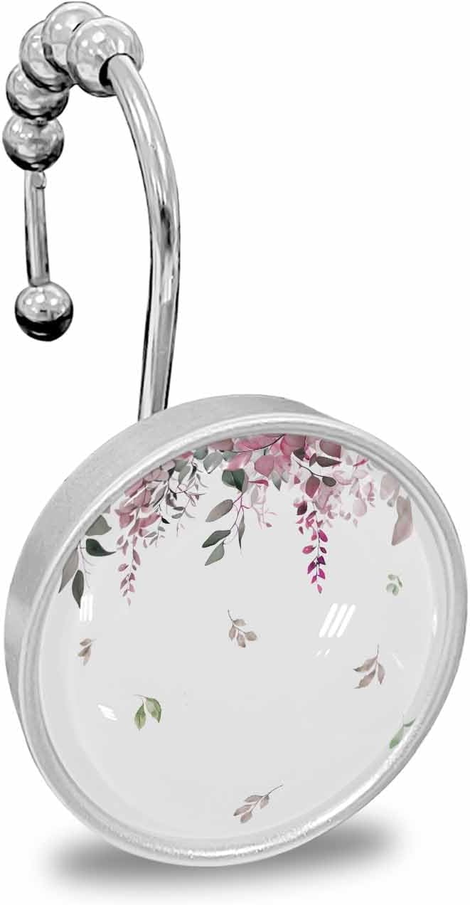 Shower Curtain Hooks 12 Pcs, Red Green Eucalyptus Leaves Spring Plant Leaf Stainless Steel Rust Proof Rolling Shower Curtain Rings, Decorative Shower Curtain Hooks Hangers for Bathroom