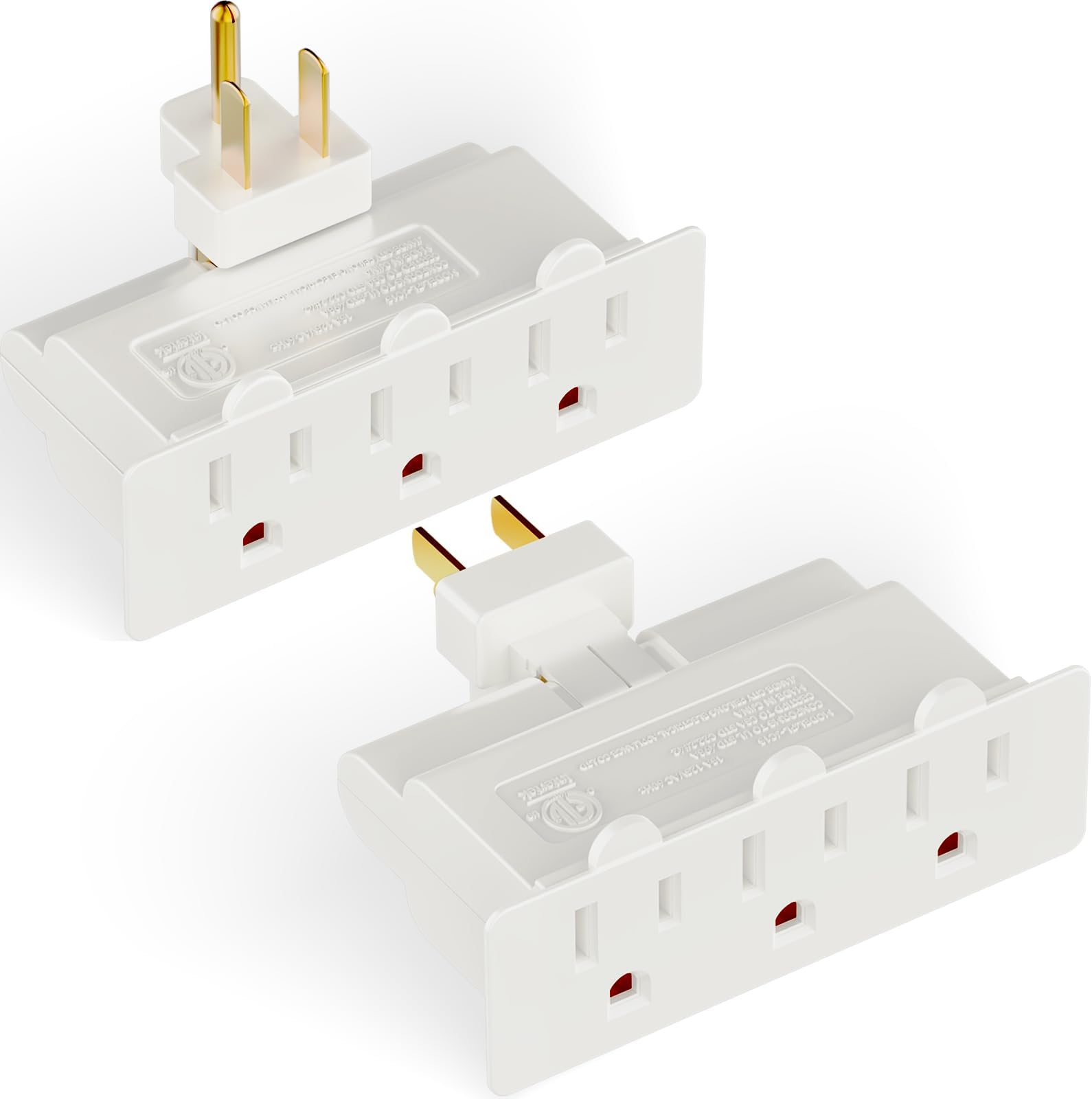 PLUGTUL 3-Outlet Adapter, 3 Way Plug Adapter with 180 Degree Swivel Plug, 3-Prong, Wall Outlet Adapter for Home Office School Dorm, ETL Listed, White, 2Pack