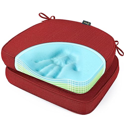 SUNROX Gel Memory Foam Chair Cushions, FadeShield Water-, Stain-Resistant Durable Reversible Seat Cushion Pads with Ties for Indoor/Outdoor Kitchen Dining Office 17"x16" Set of 2, Burgundy