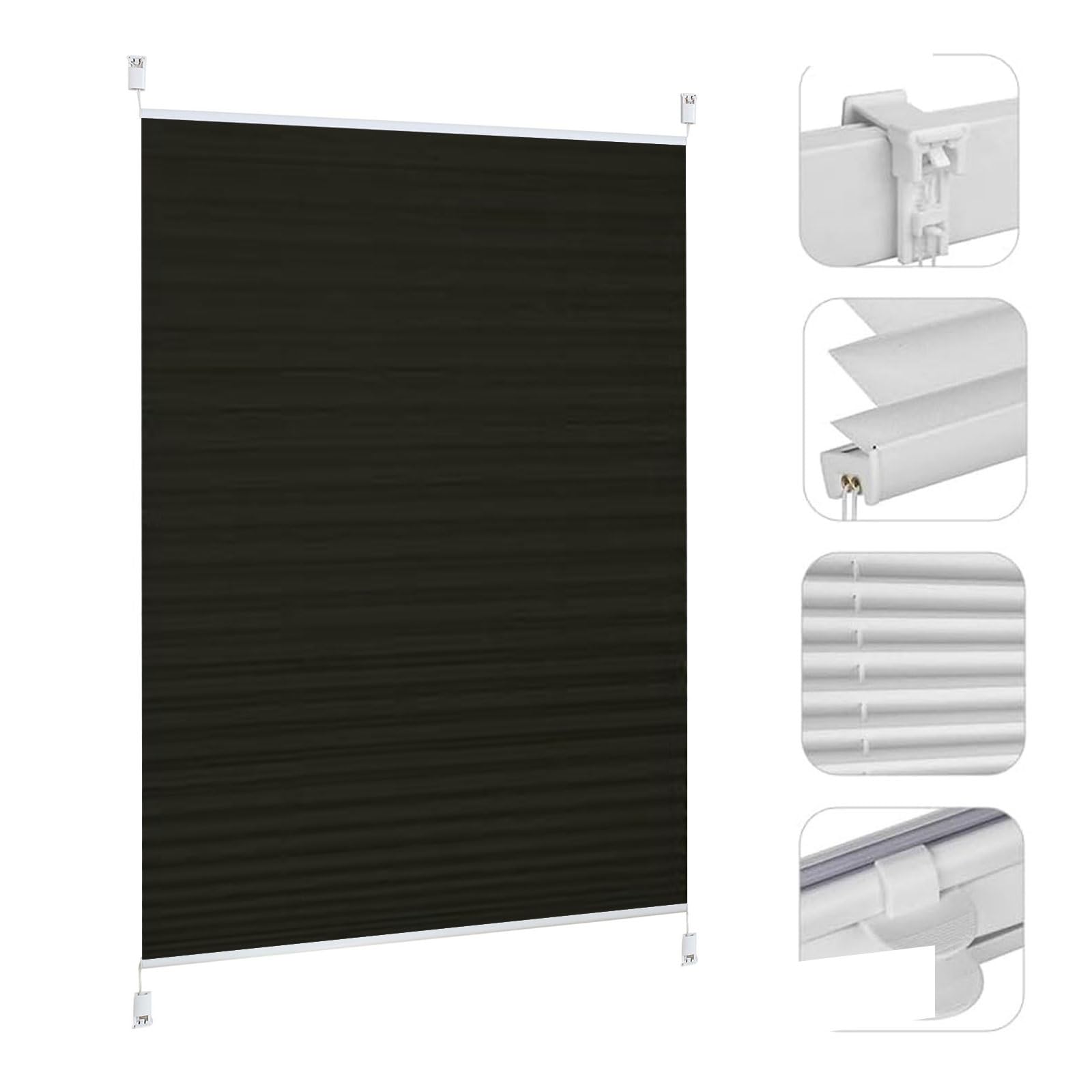 Store plissé opaque noir 105 x 200 cm avec kit de montage complet pour fenêtre