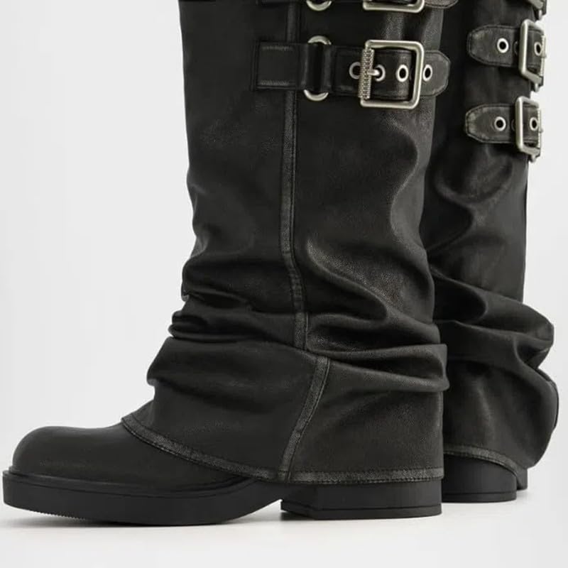 Seborluys Fold Over Knee High Boots for Women Slouchy Chunky Goth Platform Boot Wide Calf Round Toe Pull On Riding Low Heel Platform Shoes with Buckle4