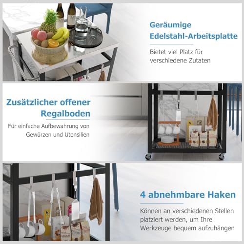 Generisch Grilltisch Outdoor, Servierwagen mit 2 Ablagen & 4 Rädern & Griff & 4 Haken, Pizzatisch Beistelltisch Grillwagen für Hinterhof, Garten, Terrasse (2 Ablagen), Schwarz + Silber