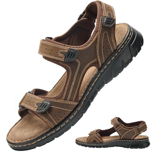 7STROBBS Wide Fit Mens Sandals, Real Leather Walking Sandals for Men, Open Toed Sports Outdoor Sandal with Adjustable Strap for Summer, Holidays, Beach, Hiking, Boating, Towns, Dark Brown UK 11