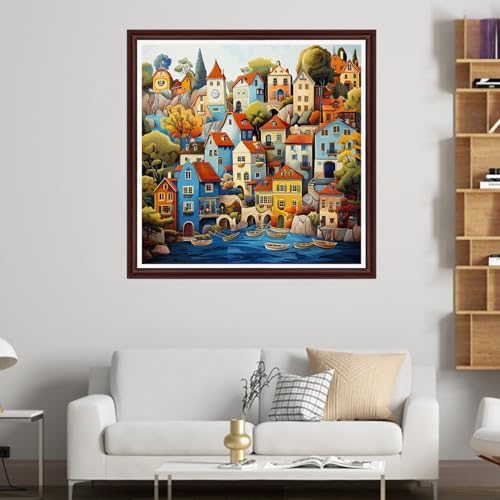 Image of Dooxvey Counted Cross Stitch Kits for Adults 11CT Printed Cross-Stitch Patterns Cross Stitching Embroidery Kit Stamped or Counted Needlepoint Kits-Seaside House Scenery 18x18 inch
