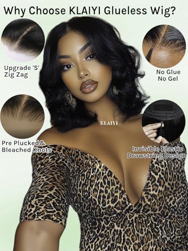 Image of KLAIYI Yaki Straight Bob Wig Human Hair Bye Bye Knots Glueless Precut 7x5Lace Front Wig with Drawstring Pre Plucked Bleached Ready to Wear and Go Wigs for Women Beginner Friendly Pre Everything 12Inch