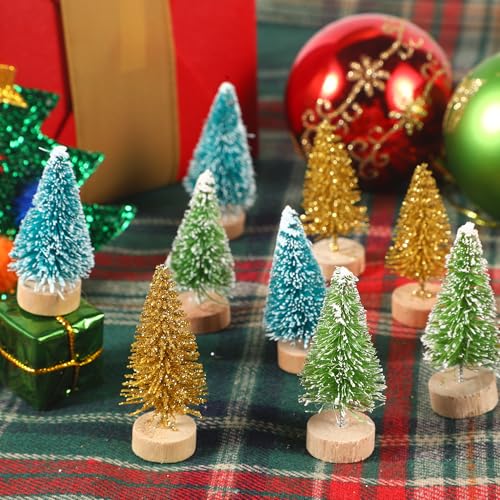 72 peças de mini árvores de Natal artificiais para garrafa de árvore de Natal com base de madeira pa