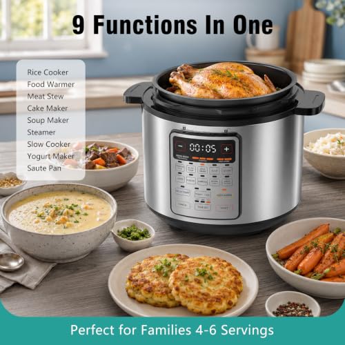 Image of Fullwill 6qt Electric Pressure Cooker, 9-in-1 Versatile Kitchen Appliance Slow Cooker, Rice Cooker, Cake Maker, Saute Pan, Steamer, Food Warmer and Soup Maker