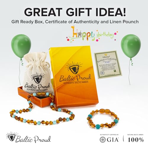 Baltic Proud Amber Necklace and Bracelet Gift Set (Unisex Cognac Turquoise 12.5 Inches/5.5 Inches) - Certified Premium Quality Raw Baltic Sea Amber3