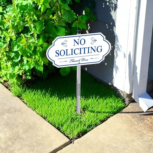 Image of Heavy Duty No Soliciting Sign for House - All Metal Construction No Soliciting Yard Sign - 14 inch x 7 inch - Aluminum - with 28 inch Long Stake (BLUE and WHITE)
