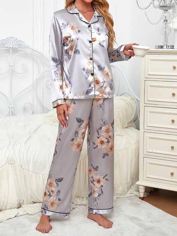 Image of Night Suit for Women with Full Sleeve Button-Down Top with Pant Dress for Woman, Night Dress for Woman, Cotton Two-Piece Loungewear Set