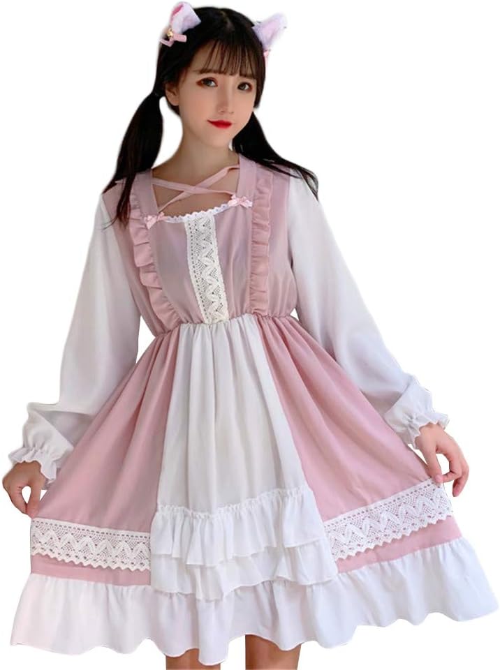 リングルー ロリータ ワンピース ゴスロリ 切り替え コスプレ 森ガール Lolita 大きいサイズ 女装 ゴシック ロリータ服 長袖 学生服 ドレス お嬢様 かわいい フリル ゆったり ガーリー 通勤 セット メイド服 仮装 ピンク F 国際ブランド