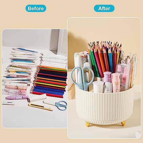 Image of Desk Pencil Pen Holder, 5 Slots 360 Degree Rotating Pencil Pen Organizers for Desk Desktop Storage Stationery Supplies Organizer Cute Pen Cup for Office School Home Art Supply Cream Yellow
