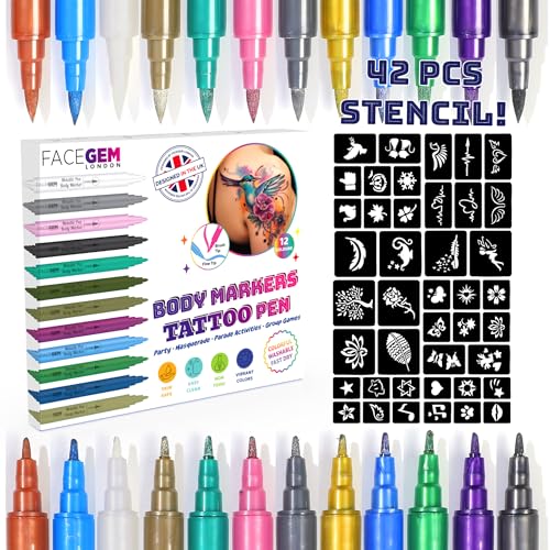 12 Metallic Temporary Tattoo Markers for Skin – Create Temporary Tattoos with Dual-Tip Body Markers, Bold & Fine Lines, Waterproof, Fast-Drying, Non-Toxic, 42 Stencils, Fake Tattoos Set, Tattoo