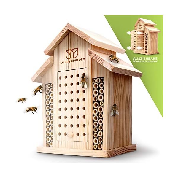 Nature Conform Insektenhotel Naturholz - Bienenhotel [BEOBACHTUNGSNISTKASTEN]  Saubere Verarbeitung mit Bambusröhrchen | Nisthilfe Wildbienenhotel Garten und Balkon | Bienenhaus