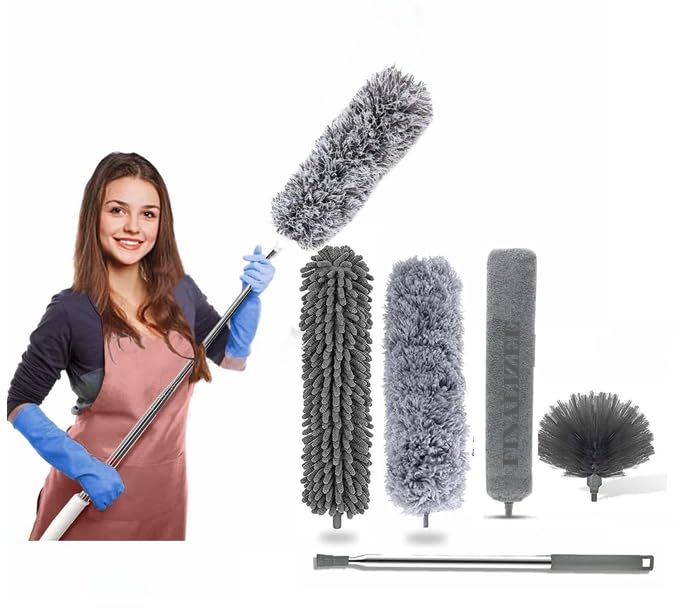 Finalize 5 in 1 Microfiber Feather Duster 5 PCS Bendable & Extendable Fan Cleaning Brush with 100 inches Expandable Pole Handle Washable Mop for High Ceiling Fans - (5 in 1 Duster)