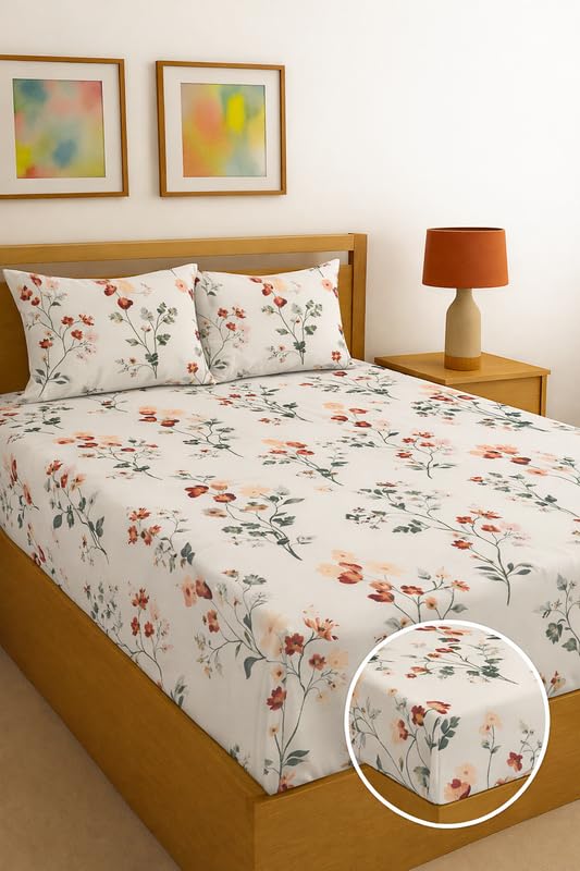 Image of White Soft Floral Fitted Bedsheet | Glace Cotton 140 TC | Single Size (36x75 inch) with 2 Pillow Covers (18x28 inch) | Deep Pocket up to 10 Inches - Soft & Comfortable