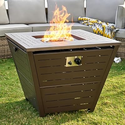 PaPaJet 32" Propane Fire Pit Table, 50,000 BTU Square Gas Firepit Table with Lid and Lava Rock, Great for Outdoor Garden Backyard Patio, Brown
