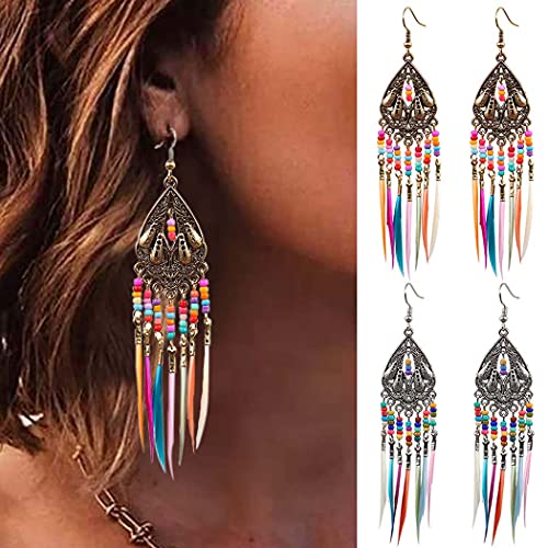 Bohemian Earrings Set Tree of Life Feather Tassel Silver Ethnic Retro Boho Gypsy Dangle Earring Bead Women Teen Girls Jewelry for Birthday Party Gifts (2 color set)