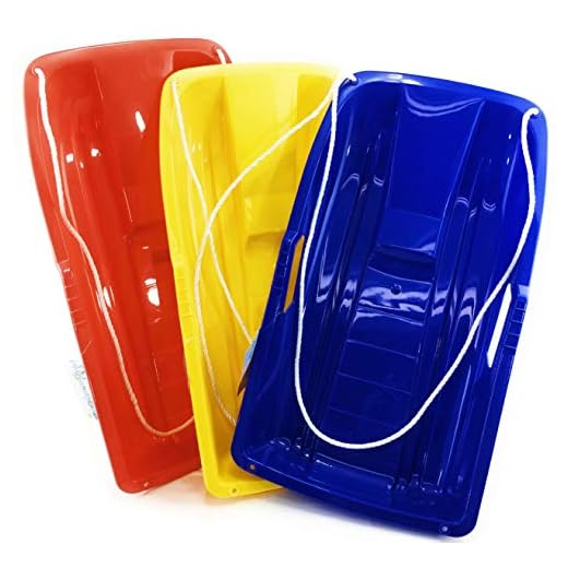 Matty's Toy Stop 26" Heavy Duty Plastic Snow Sled Toboggan with Tow Rope for Kids Red, Yellow & Blue Gift Set Bundle - 3 Pack