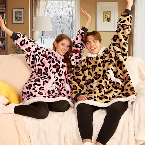 Image of Giggling Getup Wearable Blanket Hoodie for Adults Gifts for Teen Girls Sister Women Sherpa Fleece Printed Hooded Blanket Sweatshirt Warm Cozy with Pocket & Sleeves Pink Leopard