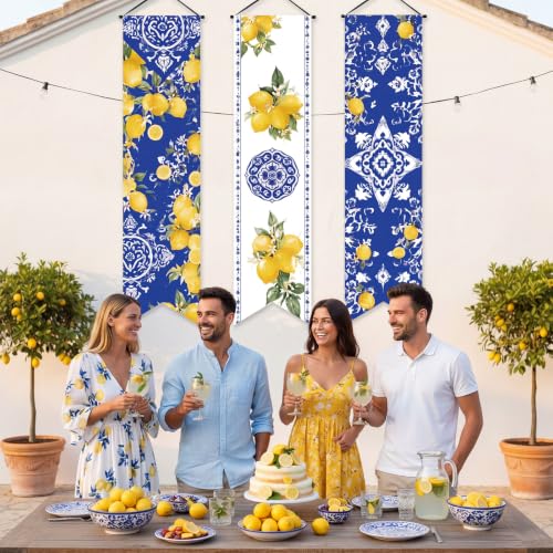 Image of Chiisong 3 Pcs Capri Lemon Party Decorations Banners Amalfi Coast Porch Signs Mediterranean Yellow Blue Hanging Flags Photo Props Backdrop for Outdoor Wall Yard Birthday Bridal Shower Italian Summer