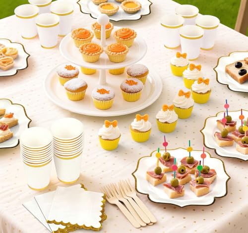 Anstore 200 Stück Partygeschirr Set Weiß mit Gold Goldrand für 25 Gäste – Ansicht 6