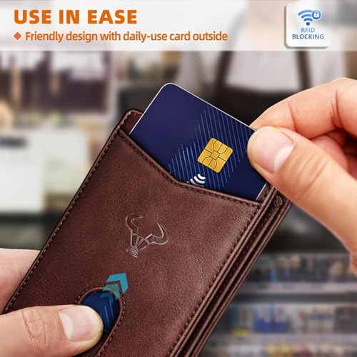 Image of Contacts Slim RFID Blocking Leather Wallet for Men - Minimalist Bifold Card Holder with 11 Slots, ID Window & Cash Pocket - Front Pocket Wallet Gift for Daily Use & Travel (Brown)