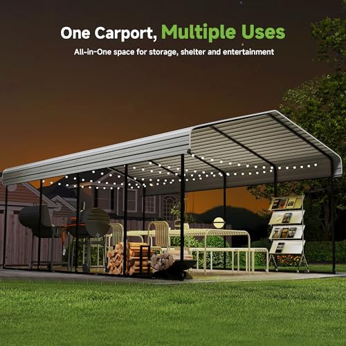 Image of Real Relax 12x20ft Metal Carport, Heavy Duty Garage Outdoor Galvanized Car Shelter Canopy with Metal Frame for Car, Boats and Truck, Cream White