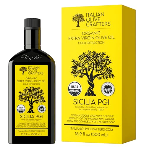 Italian Olive Crafters, Polyphenol Rich Organic Extra Virgin Olive Oil, 16.9 fl oz - Organic Olive Oil Extra Virgin Cold Pressed Glass Bottle