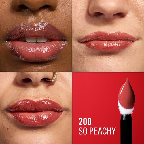 Rimmel Thrill Seeker Lip Latex, 200 Just Peachy, Rouge à lèvres liquide, Couleur intense, Encre à lèvres, Brillance lisse, Hydratation, Acide hyaluronique, Vitamine E, Aloe vera, 6 ml (0,2 oz).