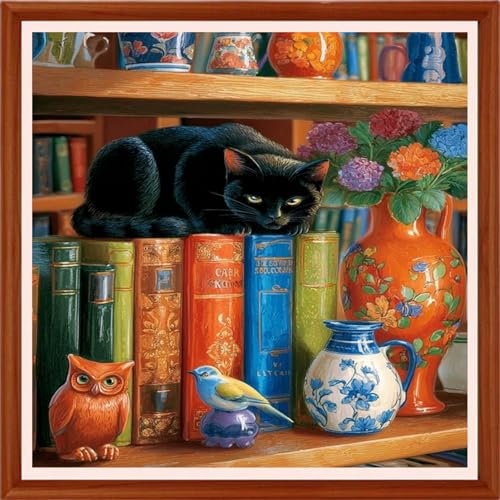 Image of Hopeart Stamped Cross Stitch Kits for Beginner Embroidery Kits for Beginners Adults DIY 11CT Cross Stitch Patterns Needlepoint Kits Crossstitching Kits-Bookshelf Cat 18x18 inchs