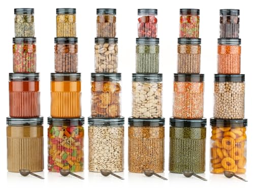 Image of pet Food Storage Containers Set with Airtight Lids, Kitchen Organisation Jars for Pasta, Spices, Dry Goods, Stackable (24 Pcs BLACK)