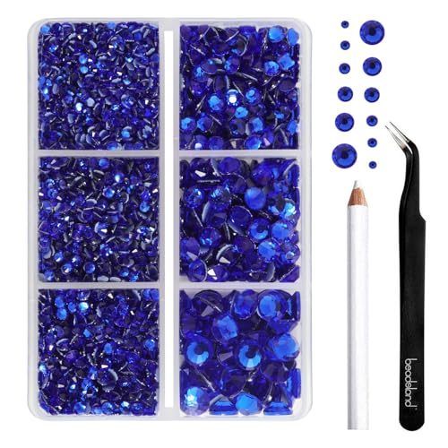 Image of BEADSLAND Hotfix Rhinestones, 4000 PCS Dark Blue Rhinestones for Clothes Crafts Mixed 6 Sizes with Wax Pencil and Tweezers Kit, SS6-SS30, Sapphire