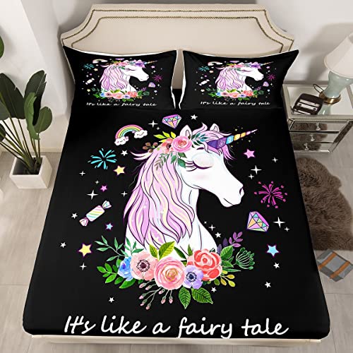 Little Unicorn Fitted Sheet Cute Dreamy Horse Sheet Set,Cartoon Magical Animal Bed Sheets Rainbow Stars Diamond Flowers Flat Sheet Full,Floral Eyelash Unicorn Gifts For Girls Kawaii Room Decor #TOP1