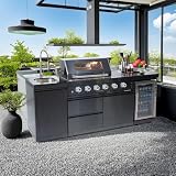 85-Inch 4-Burner 72000 BTU Stainless Steel Outdoor Kitchen Island Gas Grill, 304 BBQ Island with Refrigerator, Rotisserie Ready, Granite Countertops, Storage Cabinets & Drawers, Side Burner
