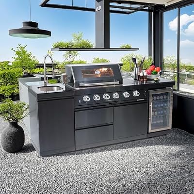 85-Inch 4-Burner 72000 BTU Stainless Steel Outdoor Kitchen Island Gas Grill, 304 BBQ Island with Refrigerator, Rotisserie Ready, Granite Countertops, Storage Cabinets & Drawers, Side Burner