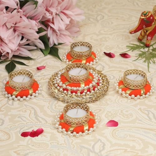 Image of TIED RIBBONS Set of 6 Florals Tealight Candle Holders for Diyas Decor Centerpieces Votives - Decorations Items for Home Decor (Yellow, Pack of 6)