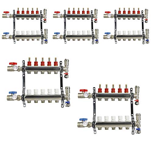 Image of Midline Valve NQT105-5 PEX Manifold 1 /2 in. for Radiant Heating System; with Valves, Vents, Gauges, and Mounting Brackets; Stainless Steel; 5 Port (5 Pack)