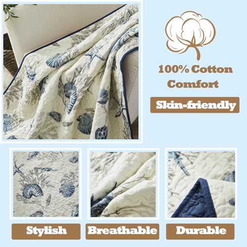 Brandream Queen Size Blue Ocean Quilted Comforter Set Nautical Bedding Set 100% Cotton Bedspread Coverlet Set 3-Piece - Image 4