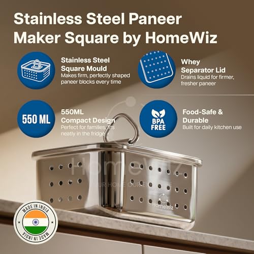 Image of HomeWiz Stainless Steel Paneer Maker 550ml | Paneer Maker Mould Press with Lid | Chrome Finish Technology for Rust Free Paneer Maker | Drainage Holes for Perfect Paneer, Tofu & Cheese | Lifetime Use