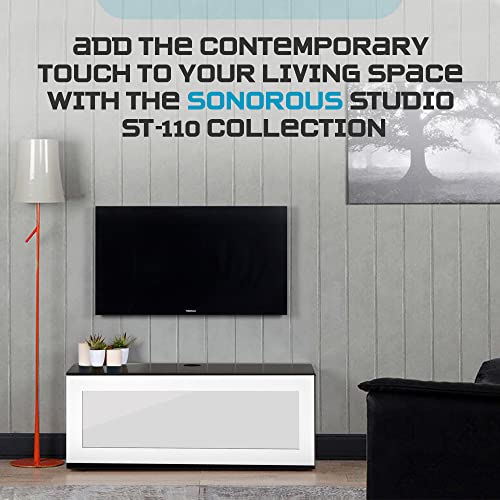 Image of SONOROUS ST-110 Premium TV Stand with Black Wood & White Glass Cover - Modern Entertainment Center & Media Console for Living Room - TV Cabinet up to 65 Inch with Hidden Wheels - Sleek Storage Design