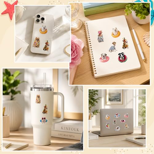 Image of Summer Realistic Dog Sticker - 2 Rolls Waterproof Vinyl Self Adhesive Puppy Animal Decals for Laptop Water Bottle Scrapbook Suitcase Gift Wrap Classroom Reward School Office DIY Craft Project
