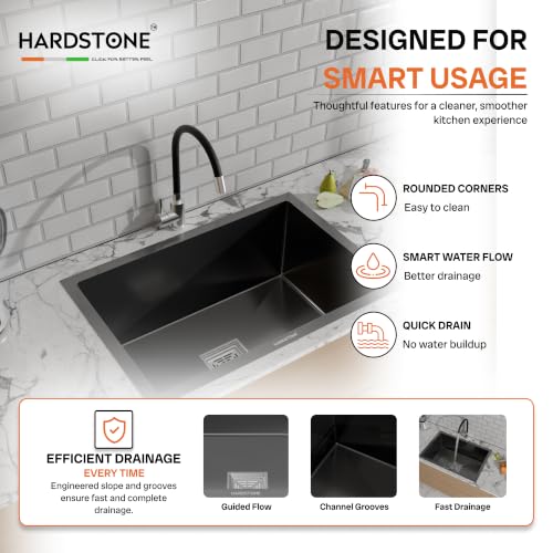 Image of HARDSTONE Premium Kitchen Sink | Single Bowl 24x18x9 Inch | Handmade Heavy Duty Stainless Steel Kitchen Basin with Matte Black Finish | Includes Waste Hose Pipe, Coupling & Compact Drying Rack | BLACK