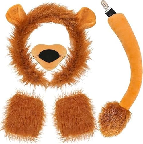 HATINXIA 5Pcs Lion Costume Set for Adult Men Women - Lion Ears Headband with Mane, Furry Tail, Paw Gloves and Nose for Halloween Dress Up Cosplay Accessories Party Supplies